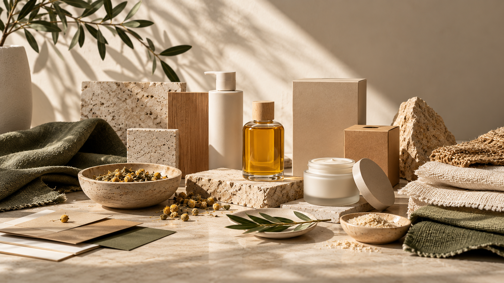 Amber oil bottle with a wooden cap, matte white pump bottle, open jar of white cream, kraft boxes, bowls of chamomile and salt, and folded sage and cream textiles on travertine blocks against a sunlit plaster wall