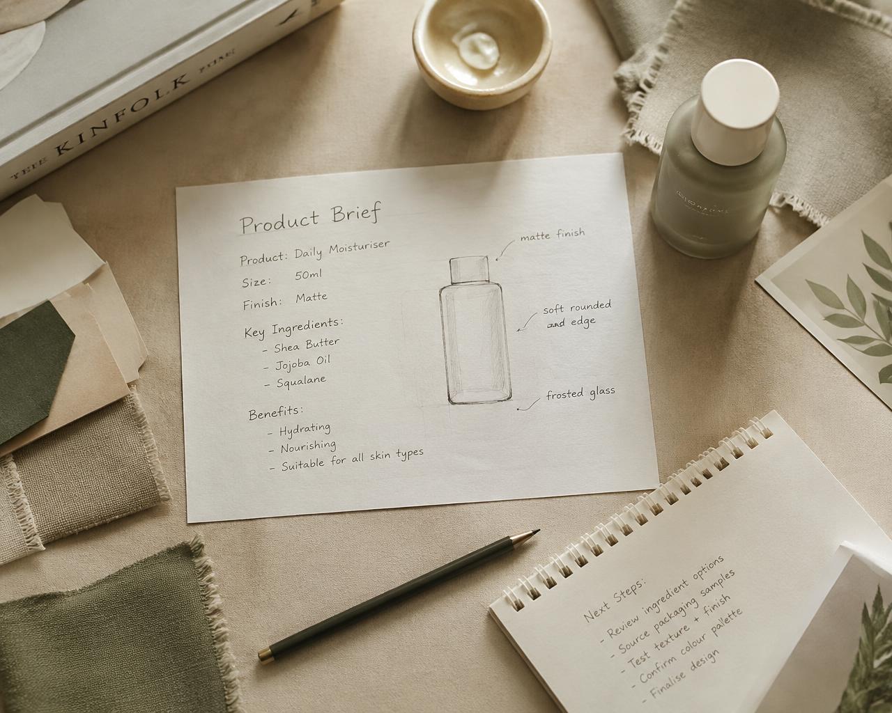 A product brief sketch with swatches and a sample bottle
